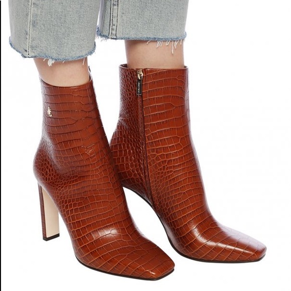 Jimmy Choo minori 85 croc embossed leather logo booties brown boots 35 NWT - Picture 1 of 14
